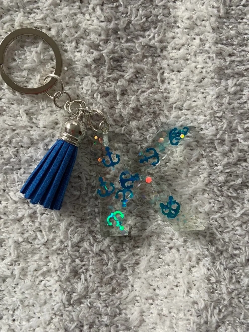 Blue Tassel Keychain with Holographic Anchors